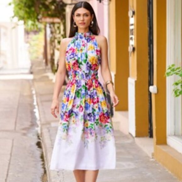 Boston Proper Garden Of Romance Print Mock Neck Midi Fit & Flare Dress  12 NWT - Picture 1 of 4